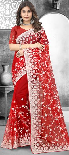 Engagement, Mehendi Sangeet, Reception Red and Maroon color Saree in Net fabric with Classic Embroidered, Resham, Stone, Thread work : 1880250