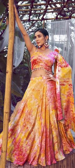 Engagement, Mehendi Sangeet, Reception Orange color Ready to Wear Lehenga in Silk fabric with Flared Printed work : 1880257