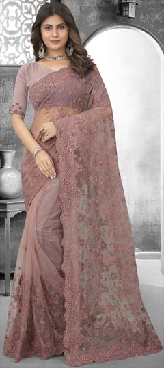 Engagement, Mehendi Sangeet, Reception Purple and Violet color Saree in Net fabric with Classic Embroidered, Moti, Resham, Stone, Thread work : 1880259