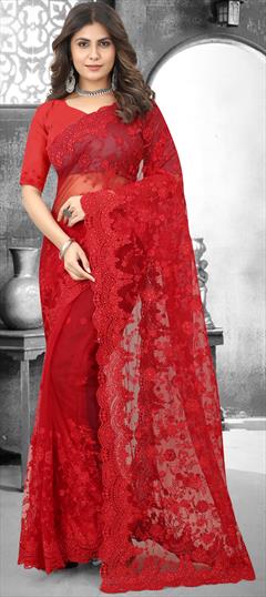 Engagement, Mehendi Sangeet, Reception Red and Maroon color Saree in Net fabric with Classic Embroidered, Moti, Resham, Stone, Thread work : 1880263