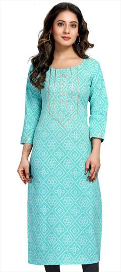 Casual Blue color Kurti in Cotton fabric with Long Sleeve, Straight Bandhej, Gota Patti, Printed work : 1880313
