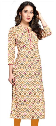 Casual Beige and Brown color Kurti in Cotton fabric with Long Sleeve, Straight Printed work : 1880314