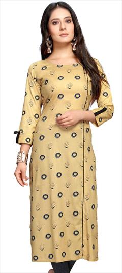 Casual Beige and Brown color Kurti in Rayon fabric with Long Sleeve, Straight Printed work : 1880317