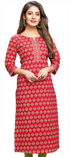 Casual Green, Red and Maroon color Kurti in Cotton fabric with Long Sleeve, Straight Printed work : 1880321