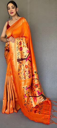 Party Wear, Traditional, Wedding Orange color Saree in Silk, Tussar Silk fabric with South Weaving work : 1880634