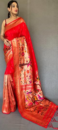 Party Wear, Traditional, Wedding Red and Maroon color Saree in Silk, Tussar Silk fabric with South Weaving work : 1880636