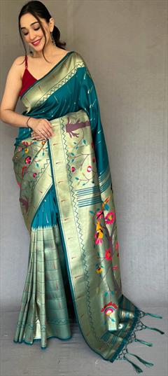 Party Wear, Traditional, Wedding Blue color Saree in Silk, Tussar Silk fabric with South Weaving work : 1880637