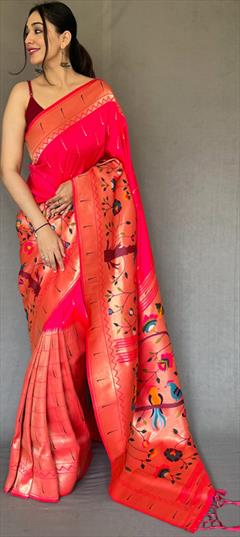 Party Wear, Traditional, Wedding Pink and Majenta color Saree in Silk, Tussar Silk fabric with South Weaving work : 1880638