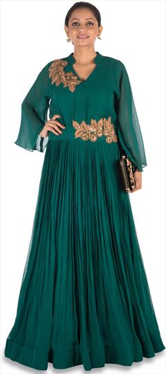Designer, Mehendi Sangeet, Reception Green color Gown in Georgette fabric with Sequence, Thread, Zari work : 1880693