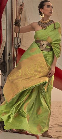 Party Wear, Reception, Traditional Green color Saree in Satin Silk, Silk fabric with South Weaving work : 1880723
