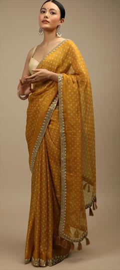 Party Wear, Traditional Yellow color Saree in Art Silk fabric with South Embroidered, Printed, Sequence, Thread work : 1880727