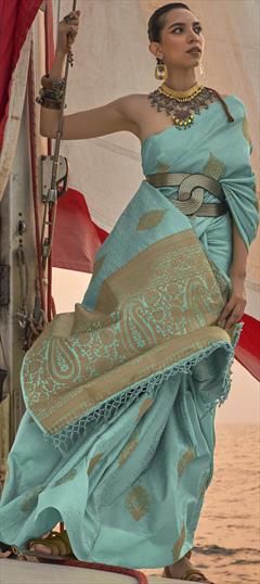 Party Wear, Reception, Traditional Blue color Saree in Satin Silk, Silk fabric with South Weaving work : 1880742