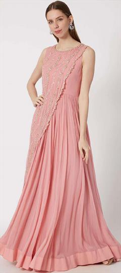 Designer, Engagement, Reception Pink and Majenta color Gown in Georgette fabric with Sequence, Zari work : 1880745
