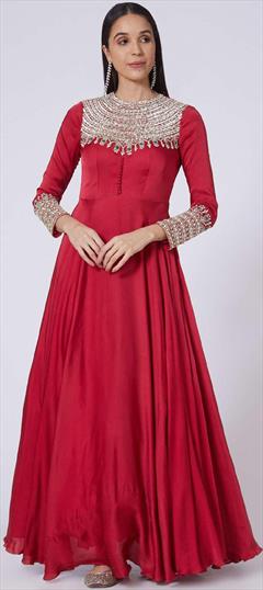 Designer, Engagement, Reception Red and Maroon color Gown in Crepe Silk fabric with Bugle Beads, Sequence, Stone work : 1880750