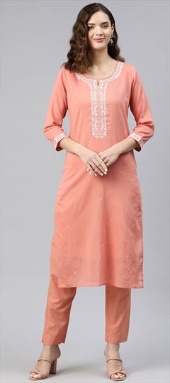 Party Wear, Summer Pink and Majenta color Salwar Kameez in Cotton fabric with Straight Embroidered, Resham, Thread work : 1880779
