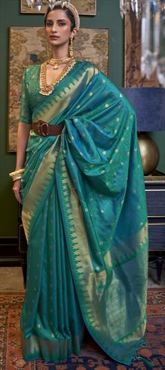 Party Wear, Reception, Traditional Green color Saree in Handloom fabric with Bengali Weaving work : 1880783
