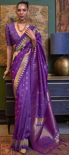 Party Wear, Reception, Traditional Purple and Violet color Saree in Handloom fabric with Bengali Weaving work : 1880786
