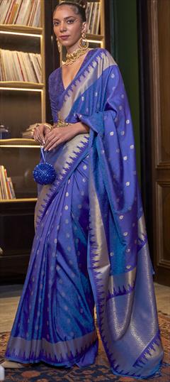 Party Wear, Reception, Traditional Blue color Saree in Handloom fabric with Bengali Weaving work : 1880789