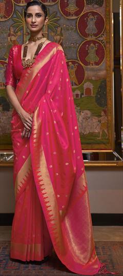 Party Wear, Reception, Traditional Pink and Majenta color Saree in Handloom fabric with Bengali Weaving work : 1880793