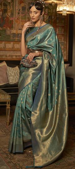 Party Wear, Traditional Blue color Saree in Handloom fabric with Bengali Weaving work : 1880797
