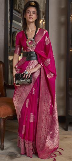 Festive, Party Wear, Reception Pink and Majenta color Saree in Georgette fabric with Classic Weaving work : 1880810