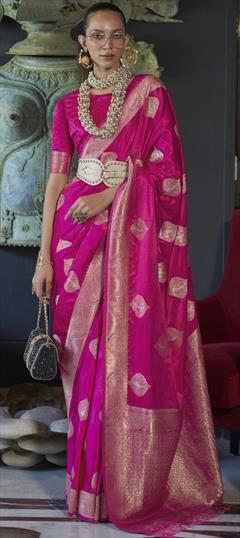 Party Wear, Traditional Pink and Majenta color Saree in Satin Silk, Silk fabric with South Weaving work : 1880821