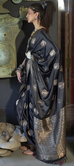 Party Wear, Traditional Black and Grey color Saree in Satin Silk, Silk fabric with South Weaving work : 1880823