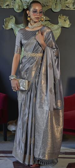 Party Wear, Traditional Silver color Saree in Satin Silk, Silk fabric with South Weaving work : 1880825