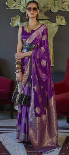 Party Wear, Traditional Purple and Violet color Saree in Satin Silk, Silk fabric with South Weaving work : 1880827