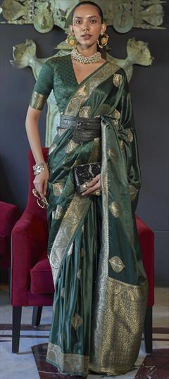 Party Wear, Traditional Green color Saree in Satin Silk, Silk fabric with South Weaving work : 1880828