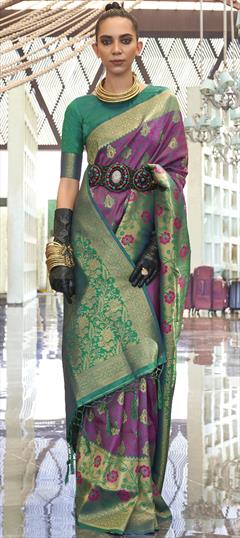 Party Wear, Traditional Purple and Violet color Saree in Handloom fabric with Bengali Weaving work : 1880845