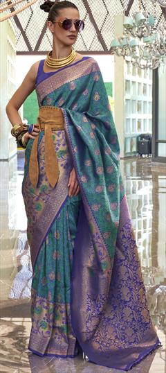 Party Wear, Traditional Blue color Saree in Handloom fabric with Bengali Weaving work : 1880848