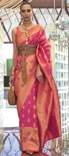 Party Wear, Traditional Pink and Majenta color Saree in Handloom fabric with Bengali Weaving work : 1880851