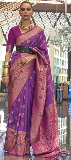 Party Wear, Traditional Purple and Violet color Saree in Handloom fabric with Bengali Weaving work : 1880859