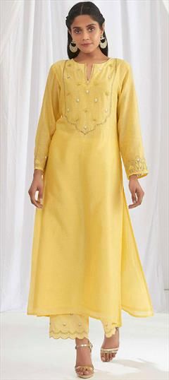 Designer, Party Wear Yellow color Salwar Kameez in Chanderi Silk fabric with Straight Embroidered, Thread work : 1880861