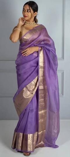 Party Wear, Traditional Purple and Violet color Saree in Organza Silk, Silk fabric with South Weaving work : 1880916
