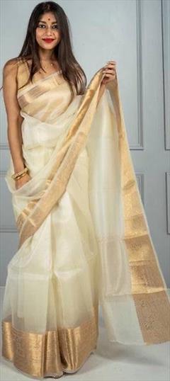 Party Wear, Traditional White and Off White color Saree in Organza Silk, Silk fabric with South Weaving work : 1880918