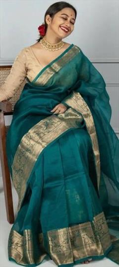 Party Wear, Traditional Blue color Saree in Organza Silk, Silk fabric with South Weaving work : 1880927