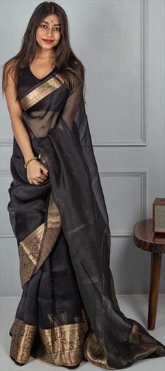 Party Wear, Traditional Black and Grey color Saree in Organza Silk, Silk fabric with South Weaving work : 1880931