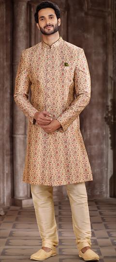 Party Wear Beige and Brown color Sherwani in Art Silk fabric with Printed work : 1881047