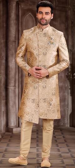 Party Wear Beige and Brown color Sherwani in Art Silk fabric with Printed work : 1881057