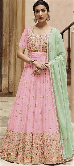 Engagement, Mehendi Sangeet, Reception Pink and Majenta color Salwar Kameez in Faux Georgette fabric with Anarkali Embroidered, Sequence, Thread work : 1881109