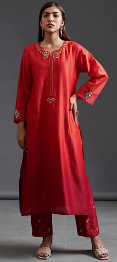 Party Wear, Reception Red and Maroon color Salwar Kameez in Chanderi Silk fabric with Straight Printed work : 1881249