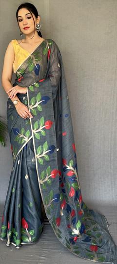 Casual, Traditional Black and Grey color Saree in Chanderi Silk, Silk fabric with South Printed work : 1881359