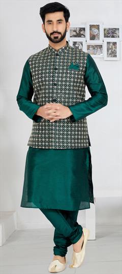 Party Wear Green color Kurta Pyjama with Jacket in Banarasi Silk fabric with Embroidered, Resham, Thread work : 1881406