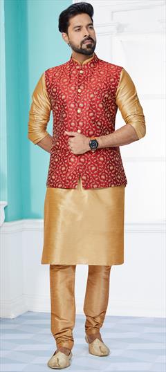 Party Wear Beige and Brown color Kurta Pyjama with Jacket in Banarasi Silk fabric with Embroidered, Resham, Thread work : 1881410