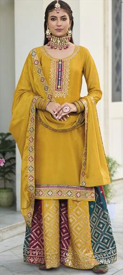 Mehendi Sangeet, Reception Yellow color Salwar Kameez in Art Silk fabric with Palazzo, Straight Embroidered, Sequence, Thread, Zari work : 1881411