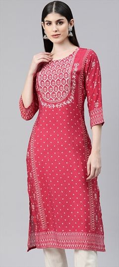 Casual, Summer Pink and Majenta color Kurti in Viscose fabric with Long Sleeve, Straight Printed, Sequence, Thread work : 1881413