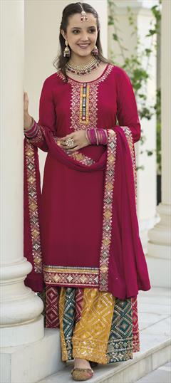 Mehendi Sangeet, Reception Red and Maroon color Salwar Kameez in Art Silk fabric with Palazzo, Straight Embroidered, Sequence, Thread, Zari work : 1881416