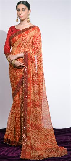 Party Wear, Reception Beige and Brown color Saree in Chiffon fabric with Classic Embroidered, Lace, Printed, Sequence work : 1881443